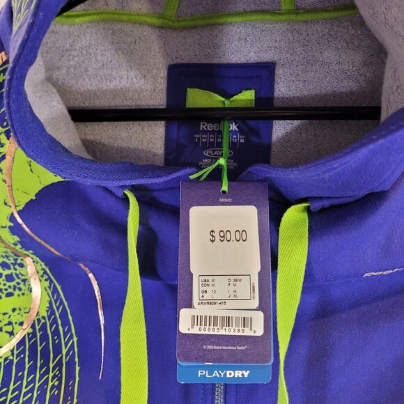 Reebok Womens Medium Sweatshirt Hoodie Full Zip Blue Graphic Play Dry NEW NWT 90 - Picture 2 of 7